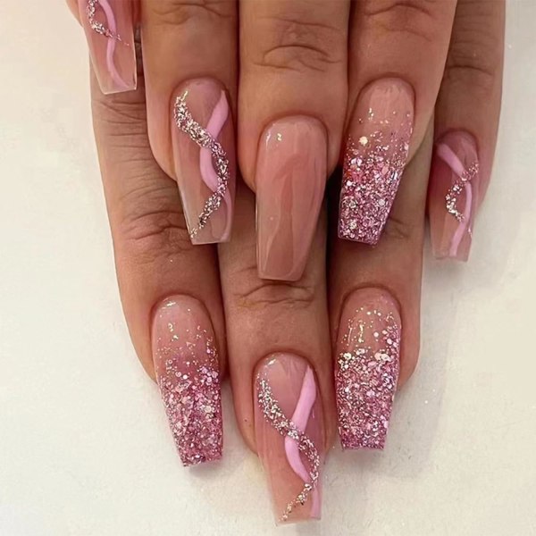 24 st medelstora kistformade falska naglar rosa glitter klistra på naglar tryck på naglar avtagbara lim-på naglar full täckning falska naglar kvinnor flickor nagelkonst