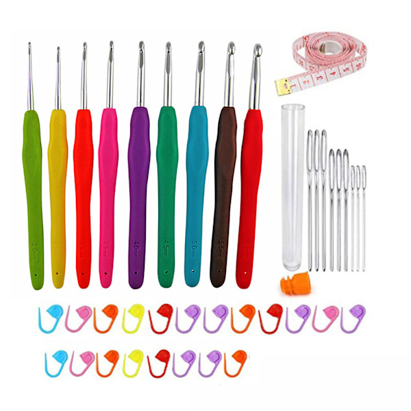 Virka krokar set, 9PCS aluminium stickningsnålar kit ergonomiskt mjukt grepphandtag för artritiska händer med måttbandstygnmarkörer och sömnad