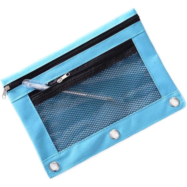Dobbelt lynlås 2-lommers blyanttaske, transparent mesh filpose, lynlås blyantposer Penalhuse med nitteforstærket hul 3 ring (blå)
