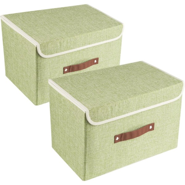 Vikbara förvaringslådor 2-pack förvaringslådor med lock och handtag Förvaringskorgar i linne Förvaringsorganisatorer för leksaker, hyllor, böcker etc (gräsgrönt)