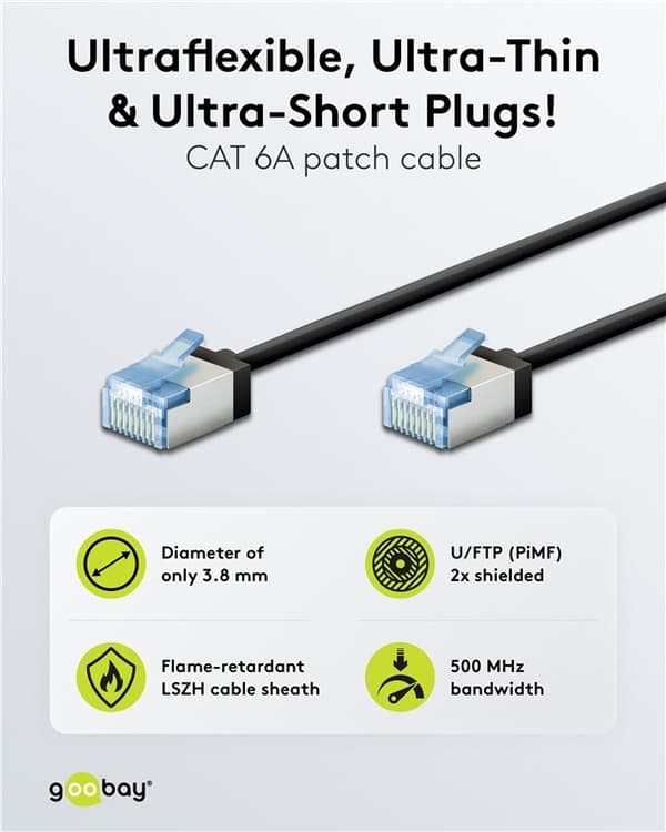 Ultraflexibel patchkabel CAT 6A, smal, U/FTP, svart