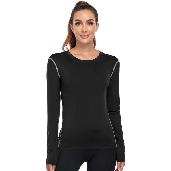 Dame kompressionsskjorte Dry Fit Langærmet Running Athletic T-Shirt Workout Overdele，XX-Large 2 Pack Black