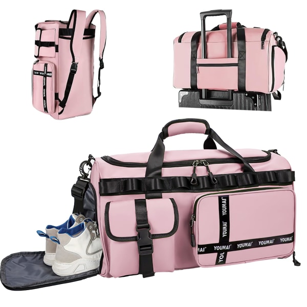 Treningsveske Sport Duffelbag med skorom Gym Duffelbag Weekend reiseveske med våt lomme 2 i 1 Packback Bag Stor kapasitet (rosa)