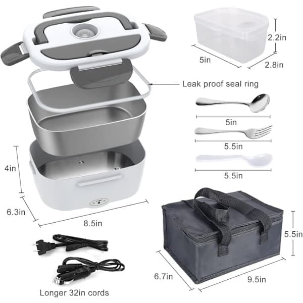 1,5L Elektrisk matboks i rustfritt stål 12/24V / 110/220V Bil Lastebil Kontor 80W Hvit white