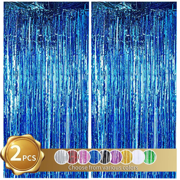 2-pack foliefransgardin, blå glitter metalliska gardiner Fotobakgrund för bröllopsförlovning Bröllopsdusch födelsedag (3,28 fot x 6,56 fot)