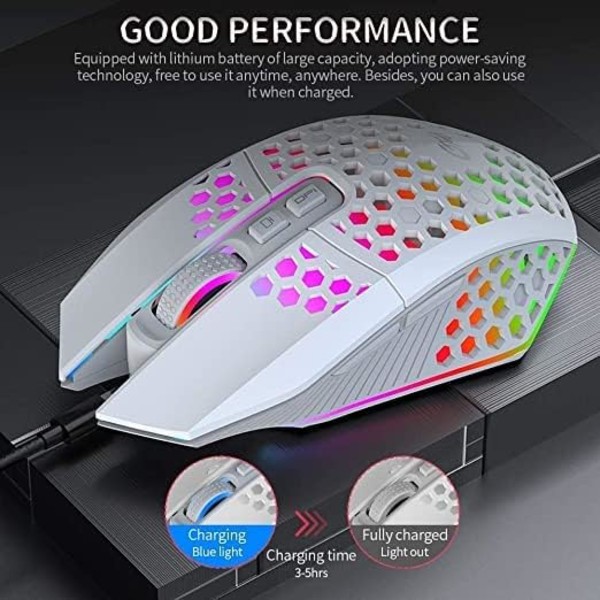 Trådløs spillmus Lett oppladbar USB-mus med 8 taster Tilbake-til-skrivebord-knapp 3 justerbare DPI-nivåer 4 moduser for datamaskin PC white
