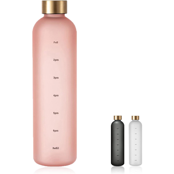 1 liters motiverande vattenflaska med tidsmarkeringar för att dricka, återanvändbar plastflaska med för gym och sport（rosa） pink