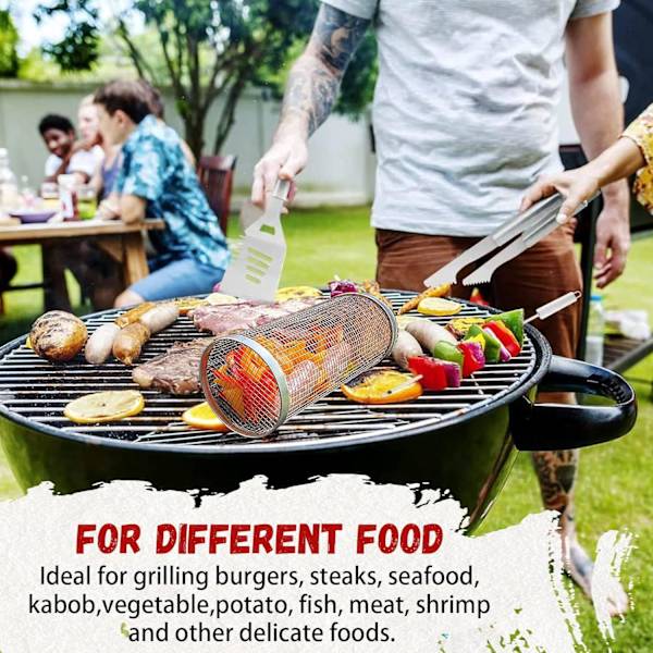 Pyörivä grilliritilä, kannettava grilliritilä vihanneksille, ulkogrillin lisävarusteet, pyöreä grilliritilä vihanneksille, ranskanperunoille M