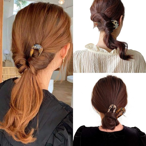 Franska hårgafflar sköldpaddsskal U-form Updo hårnålar, 4,3 tums klassiska cellulosaacetat 2-stiftsbulle hårpinnar Chignon, 3-pack