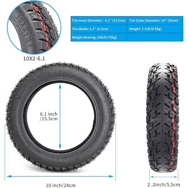 10 x 2-6.1 Däck Slanglösa för Xiaomi M365/Pro/Pro2/1S/Lite/3 Elektrisk Scooter 10 Tums Hjul Ersättningshjul för Scootrar
