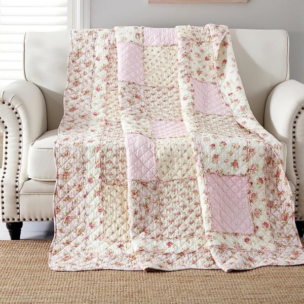Patchwork päiväpeite sänkyyn, puuvillainen tilkkutäkki, vaaleanpunainen tytöille, tikattu sohva, sängynpeite, 150 x 200 cm kukkakuvioinen