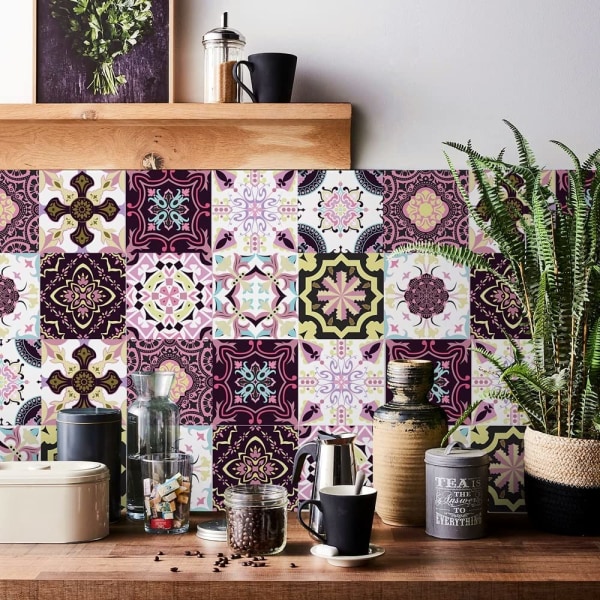 24 kpl purppuraisia ​​marokkolaisia ​​laattatarroja, vaaleanpunaisia ​​keittiön kylpyhuoneen seinälaattatarroja, kuori ja kiinnitä laattojen siirtokuoreen kansitarroja (15 cm x 15 cm)