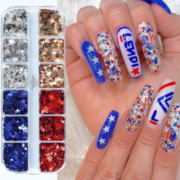 12 Grids Star Nail Art Glitter 3D Holographic Independence Day Nails Paljetter Glitter Flakes Nail Art Supplies Nail Art Stickers Design