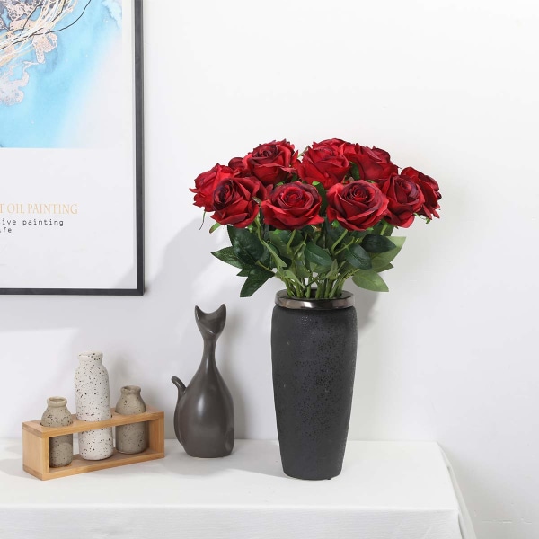 12 STK kunstige roser, 19,68'' enkelt lang stilk falsk rose silke bryllupsbukett realistisk blomst til hjemmehagefest (roser, Burgund)