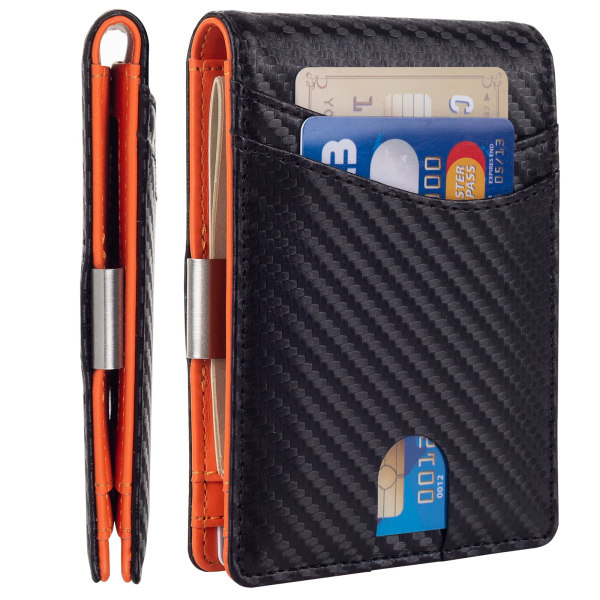 Minimalistinen ohut lompakko miehille, premium-nahkainen lompakko rahaklipsillä, RFID-suojattu etutasku Tyylikäs bifold lompakko (musta ja oranssi)