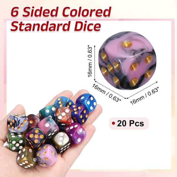 20 stk. 6-sidede standardterninger, 2 farver 16 mm mini polyhedrale perlemønster spilterningssæt til bordspil, rød og sort/guld prik pink+black