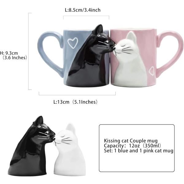 Katt Kaffe Par Mugs,Søte Morsomme Tekopper Sett,Bryllupskrus for Bryllupsdekorasjoner,Bryllupsgaver for Brud og Brudgom,Kyss Matchende Gave