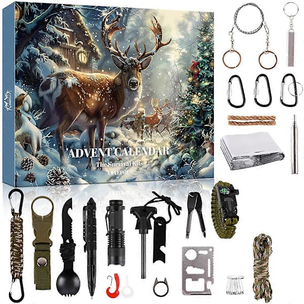 Överlevnadskit Adventskalender 2024 - Överlevnadsverktyg Adventskalender för Vuxen Tonåring 24 Dagar Julnedräkningspresent