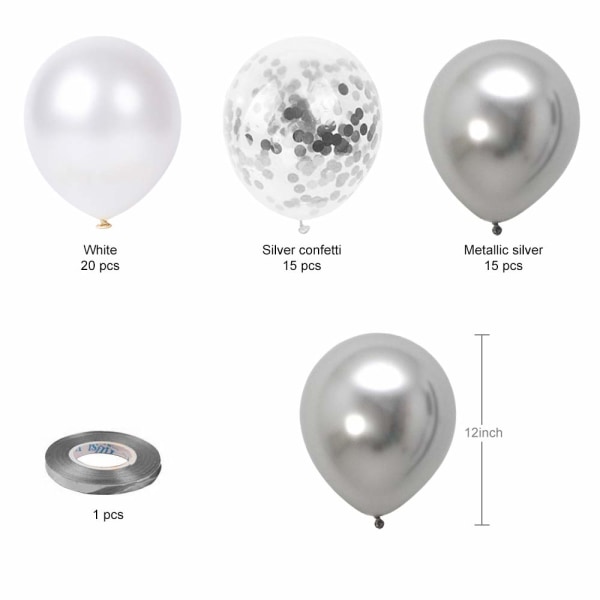 Vita silverkonfetti latexballonger, 50-pack 12-tums silvermetallic krom set med silverband för bröllopsfödelsedag baby