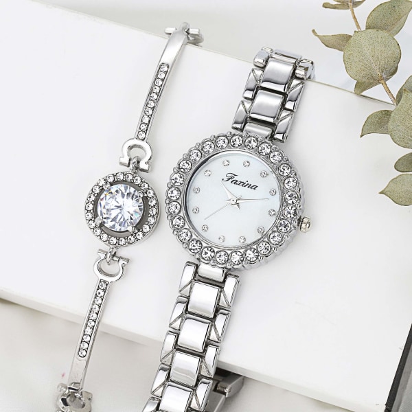 Watch med armband set pärlemor strass armbandsur för kvinnor glänsande armband i rostfritt stål roséguld watch set present