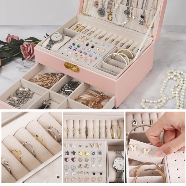 Case, 2-vånings smyckeförvaring Smyckeskrin Resor PU-läder, smyckesarrangörer kvinnor tjejer för ringar, örhängen med lås och nyckel, rosa