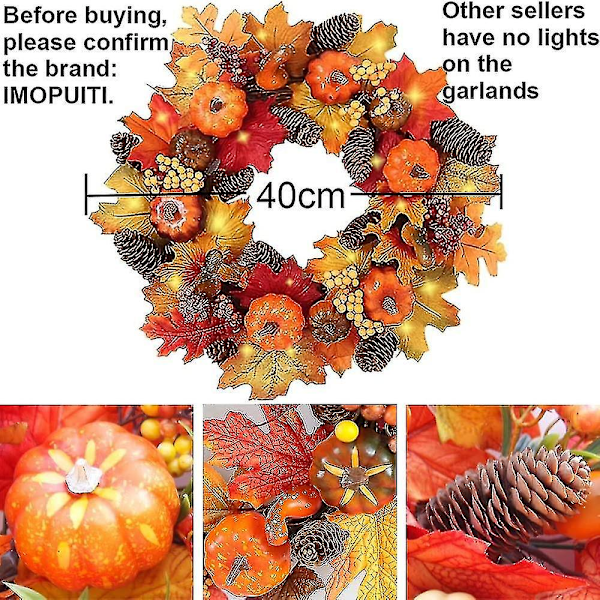 Höstkransar med LED-ljus 40cm Höst Lönnlöv Pumpa Bär Girlang Konstgjord Blomma Krans Framdörr