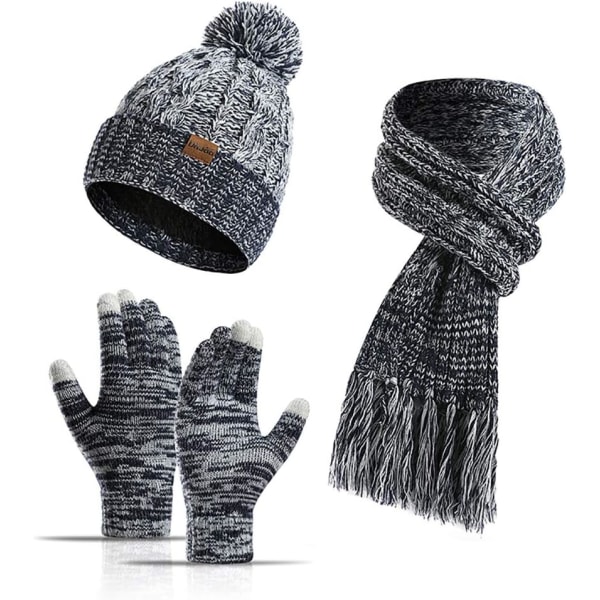 3 STK Vinter Warm Hat Halstørklæde Handsker Sæt til Kvinder Mænd Strik Fleece Touchscreen Handsker Beanie Hat Ski Cap