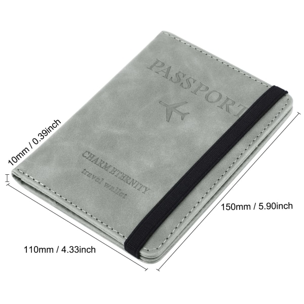 Pascover, pascover i imiteret læder med RFID-blokering, beskyttelsescover, vaccinationskort, beskyttende covertaske, grå