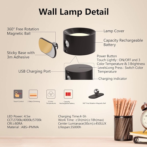 Veggmonterte lamper med oppladbart batteri, USB-port, 4 fargetemperaturer - A-svart
