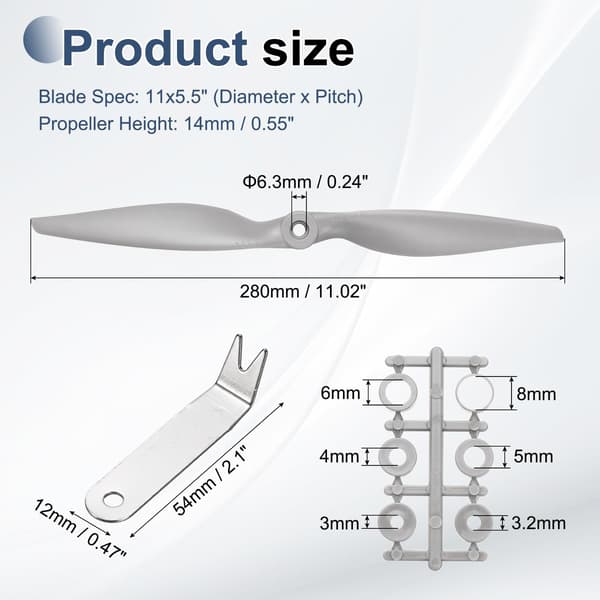 MECCANIXITY 11x5.5 tommer RC propeller, 2-bladede propeller, grå højhastighedspropel med adapterringe og propel-nøgle til RC 2 11" x 5.5" 2