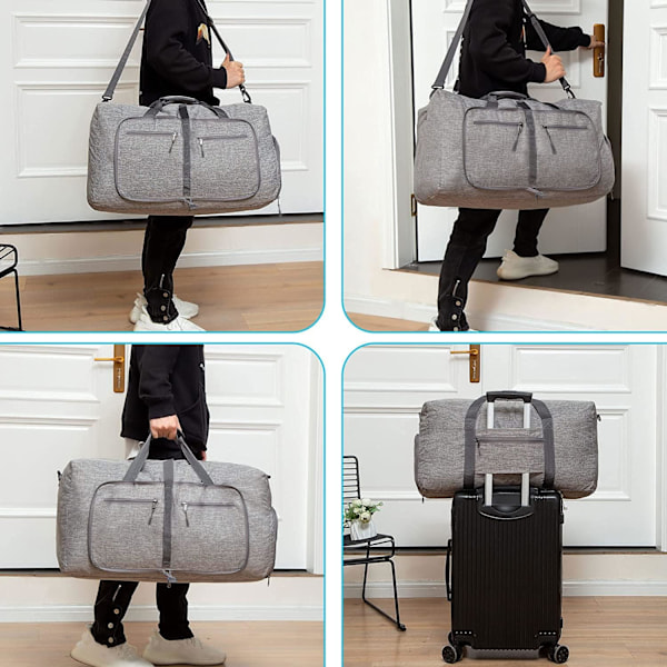 Reise Duffel Bag for Menn Kvinner, 65L Foldable Holdall Bag med Sko Rom Overnatting Bag Vanntett & Rivbestandig grey