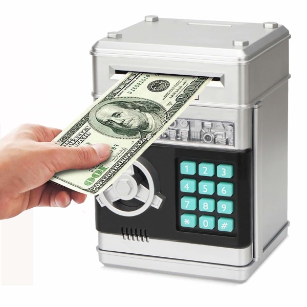 Elektronisk spargris, miniuttagsautomat Lösenord Pengar Bank Kontantmynt Sparlåda, tecknad banklåda Perfekta leksakspresenter (silverfärgad)