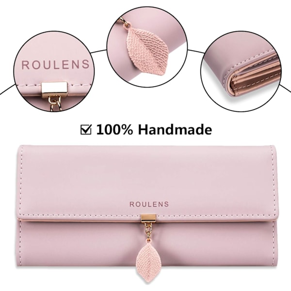 Dames portemonnee, RFID-blokkerende PU-leren portemonnee voor dames Blad hanger rits portemonnee met meerdere kaartvakken en ruim compartiment pink l