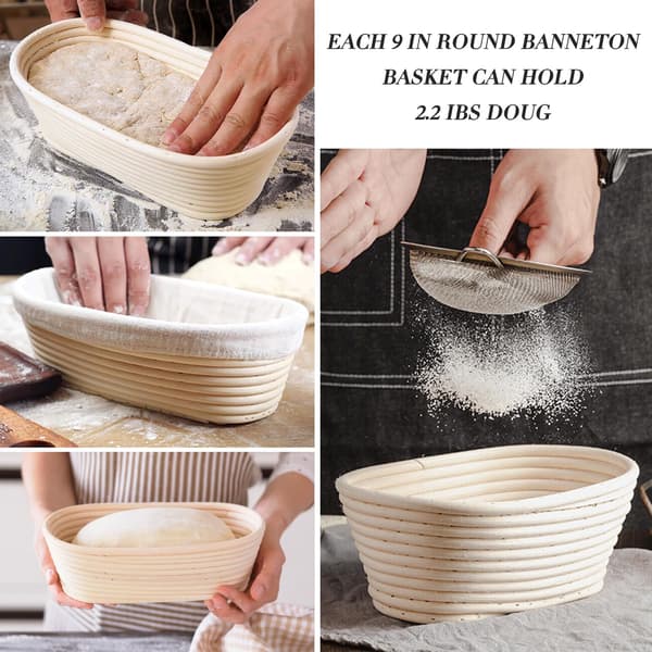 2 stk. brødhevekurv, kurv til surdeigsheving, heveboller med foringer (10*3 tommer, oval) Oval