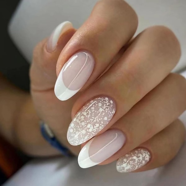 24 Pcs Milky White Oval Press on Nails Short Designs,Snow False Nails short,Glossy French Almond Stick on Nails for Women and Teens