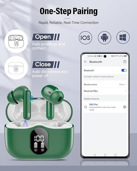 Trådløse hovedtelefoner Bluetooth 5.4 med LED-display, støjreducerende mikrofon, HiFi Stereo In-Ear hovedtelefoner, IP7 vandtæt til iPhone Android Green