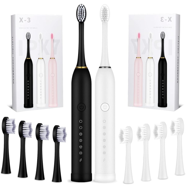 2 stk 6 modes elektriske tandbørster Genopladelig elektrisk tandbørste med 2 minutters timer, 8 stk erstatningsbørstehoveder (sort og hvid)