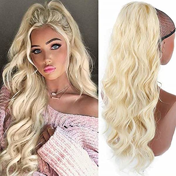 Hårtillsats med hästsvans, fläta med dragsko, långa vågiga blonda hårförlängningar, naturlig peruk, afrolockar, fläta med hästsvans