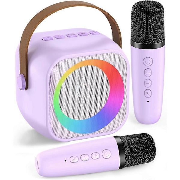 Karaokemaskin för barn och vuxna, Mini bärbar Bluetooth-karaokespeaker med 2 trådlösa mikrofoner och ljus Purple 2 mic