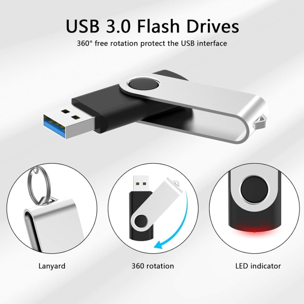 3.0 Flash Drive 1 Pakke, USB 3.0 Memory Stick med LED-indikator Drejelige tommelfingerdrev Bulk U Disk 64GB Pendrive Jump Drive Zip Drive (64GB, sort)