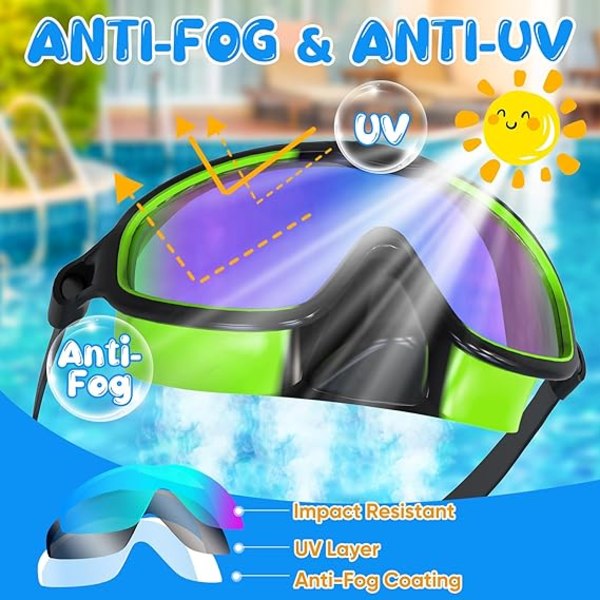 Simglasögon för barn, simglasögon för barn med näsmask, brett synfält, anti-imma, UV-skydd, vattentäta simglasögon barn 6-14