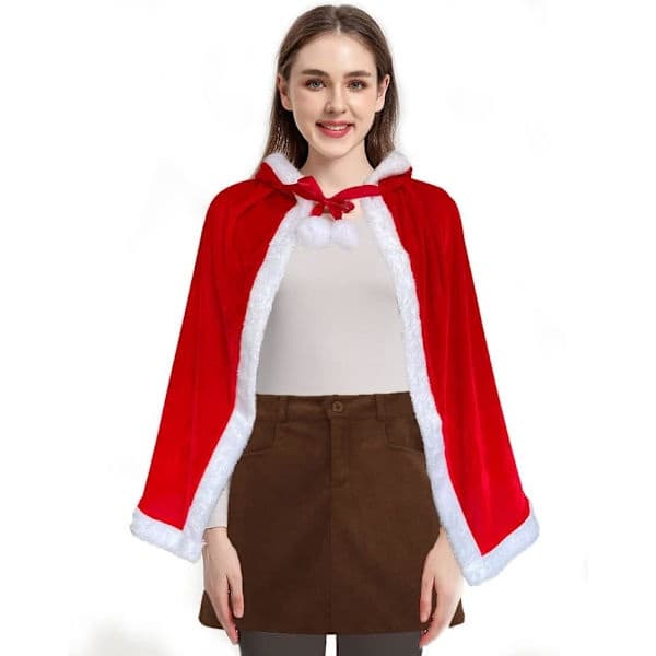 Julefløjlssjal kappe fru julemandskappe kappe Halloween kostume rød hætte 90cm/35