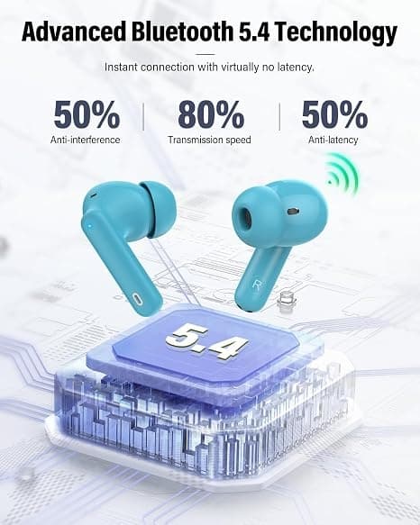 Trådløse hovedtelefoner Bluetooth 5.4 med LED-display, støjreducerende mikrofon, HiFi Stereo In-Ear hovedtelefoner, IP7 vandtæt til iPhone Android Ice blue