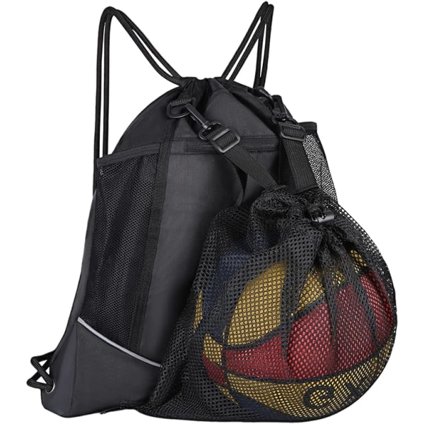 Sportstaske med snoretræk, snørepose, kan holde fodbold, basketball - bold, kedel, nøgle, sort, one size