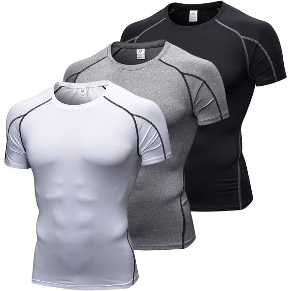 3-packs kompressionströja för män atletisk sport-t-shirt under baslager (liten, svart/grå/vit)