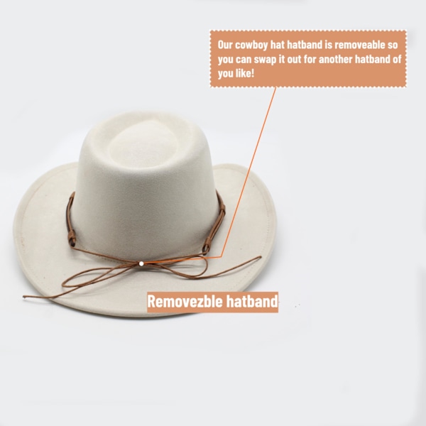 Cowboyhatt for kvinner og menn Western Suede Hat Panama Hat Cowboy og Cowgirl Hat Filt Bred Bremm Fedora Hatter -Hvit