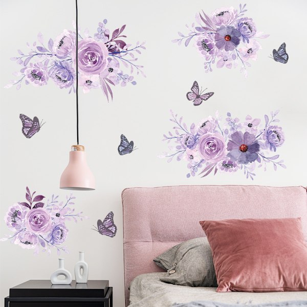 Färska lila blommor fjäril sovrum sänggavel vägg hem skönhet dekoration väggdekaler självhäftande