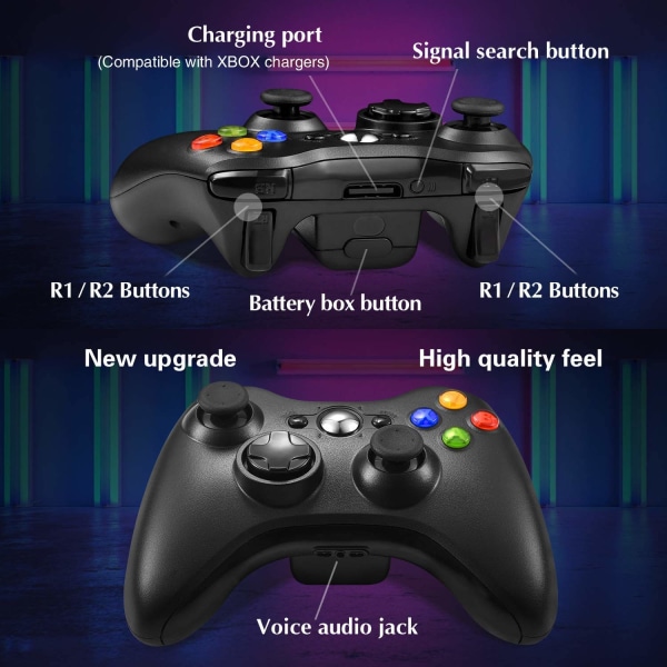 Trådløs kontroller for Xbox 360, Xbox 360 Joystick trådløs spillkontroller for Xbox og Slim 360 PC (svart)