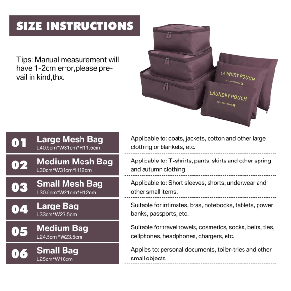 6st Researrangör Packningspåsar Packningskuber Set resbagageorganisatörer Resväska Förvaringsväskor Kompressionspåsar