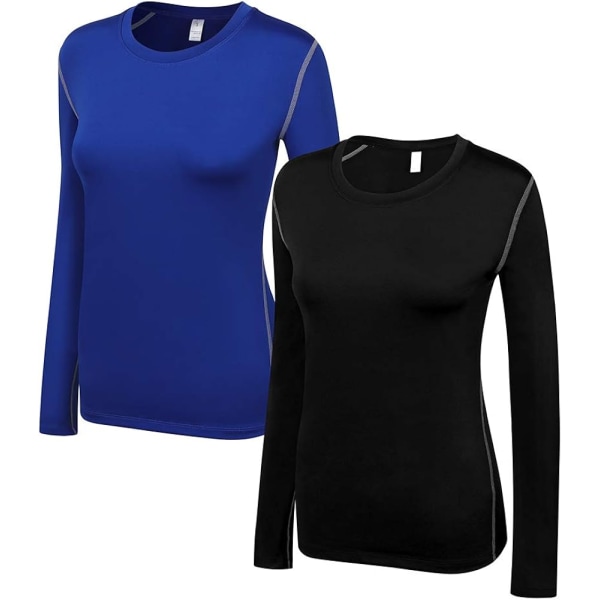 Kompressionströja för damer med torr passform och långärmad löpning atletisk T-shirt träningströjor, liten 2-pack (svart/blå)